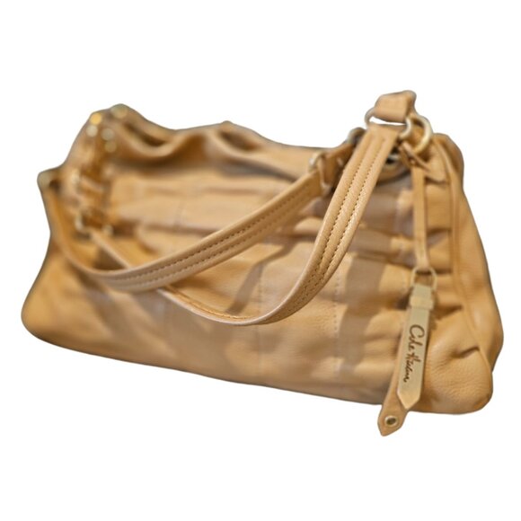 COLE HAAN Ruched Pebble leather top zip East West Shoulder Bag Beige w gold hw - Picture 2 of 13